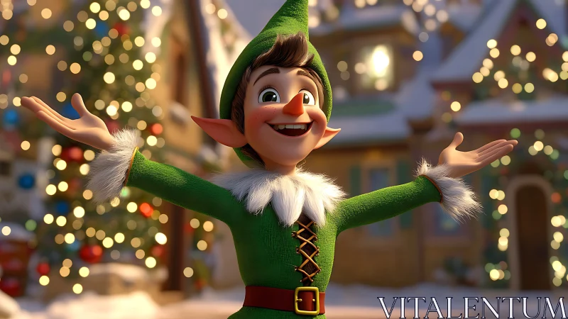 Festive cartoon elf welcomes viewers in glowing winter village.