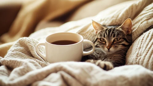 Tabby cat nestled in cream blankets with warm coffee mug.