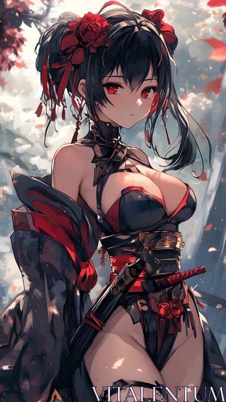 Crimson-eyed anime swordswoman in ornate tactical kimono.