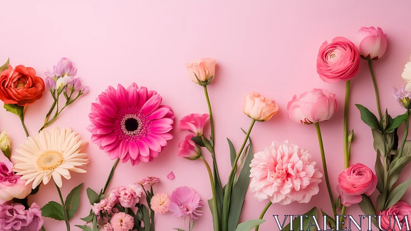 Pink background displays arrangement of varied fresh cut flowers