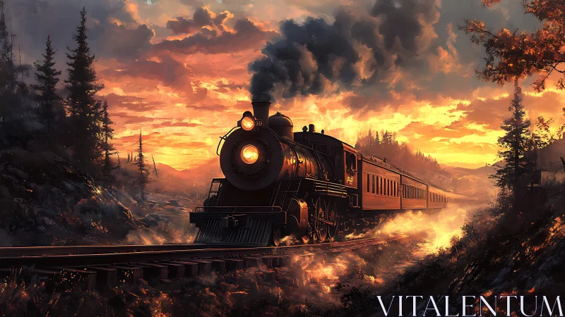 Steam locomotive advances through incandescent sunset valley