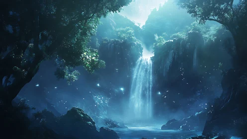 Waterfall in densely forested canyon under blue illumination.