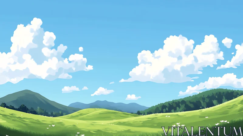 Sunny rolling meadows under soft storybook clouds.