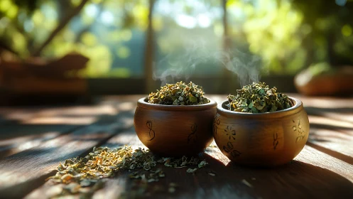 Steam-kissed herbal bowls basking in gentle garden light.