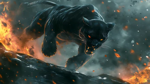 Dark feline figure positioned on black structure amid flame and smoke