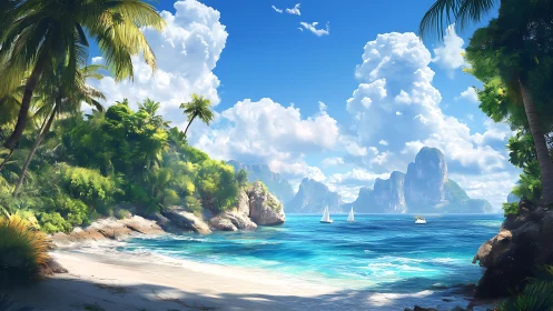 Tropical Coastal Landscape with Limestone Formations and Sailboats