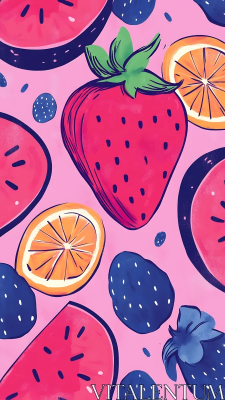 Bold strawberry and citrus pattern on bright pink background.