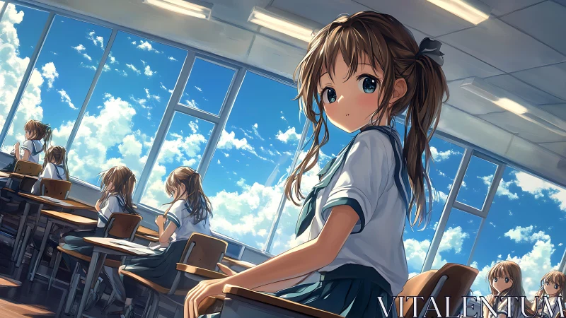 Summer classroom girl framed by luminous cloudscape sky