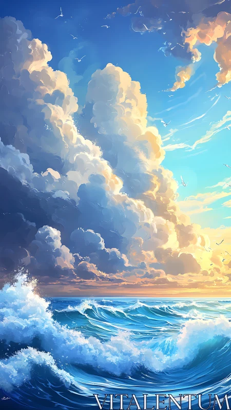 Sunlit cumulonimbus over dynamic turquoise ocean waves