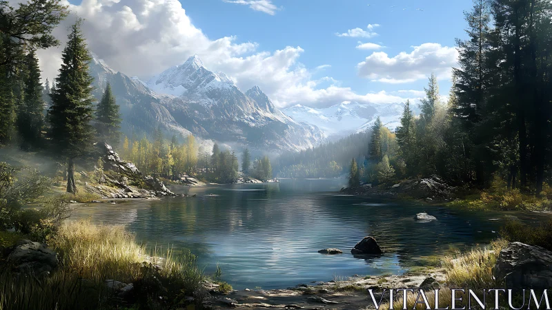 Snowcapped mountains rise over a tranquil forest lake at dawn