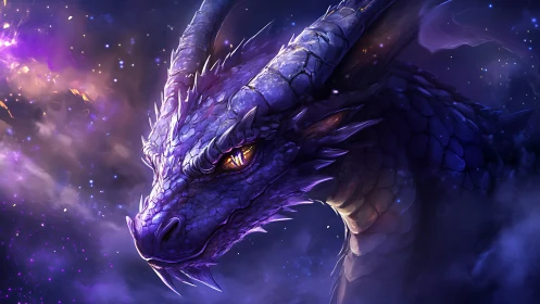 Starlit violet dragon gazes through a nebulous cosmic sky.
