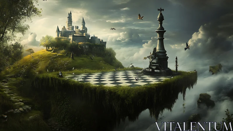 Floating chess kingdom above misty cliffs of wonder.