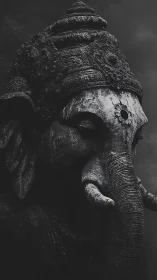 Weathered stone elephant deity sculpture under low key lighting