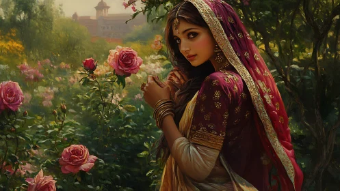 Woman in traditional attire stands in detailed rose garden