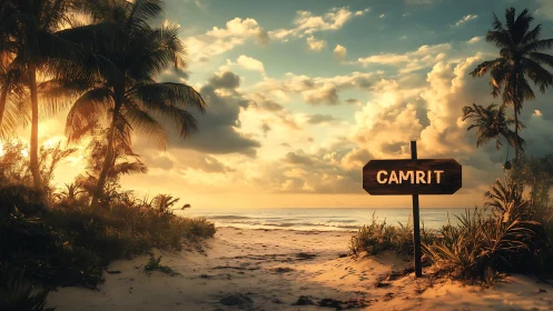 Sunlit tropical beach path with CAMRIT wooden signboard.