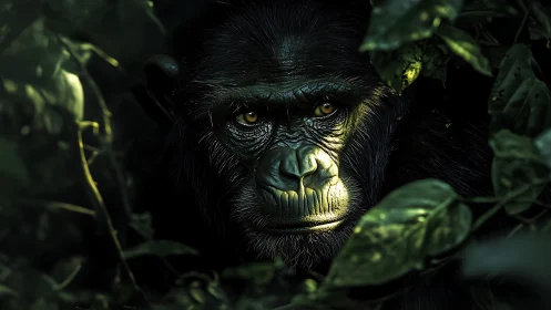 Gorilla portrait in shadowed jungle foliage light.