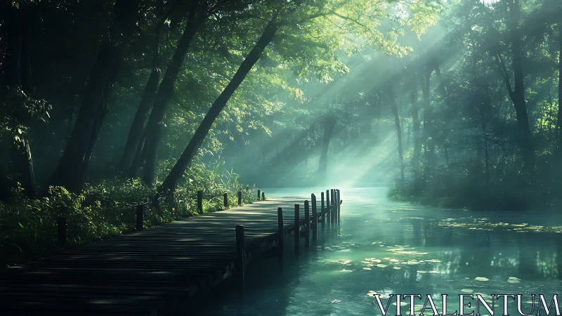 Luminous Woodland Stream: Atmospheric Dock Composition.