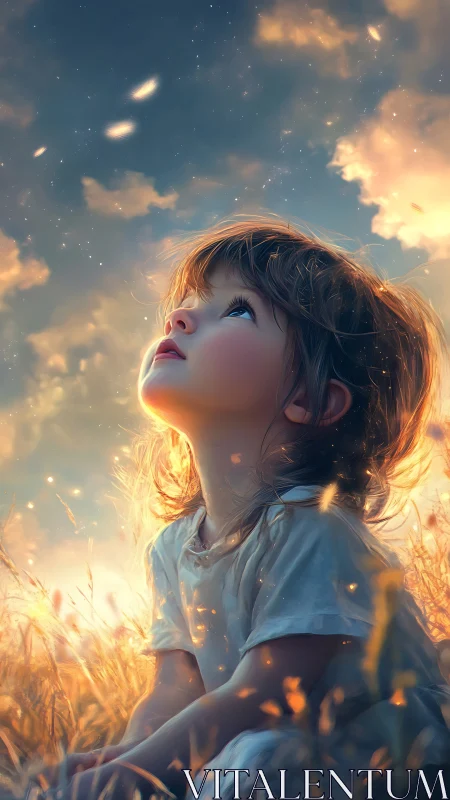Digital painting portrait of child in luminous twilight field.