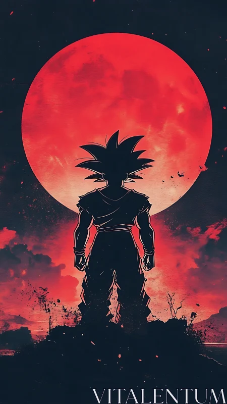 Lone spiky warrior framed by a furious scarlet moon.