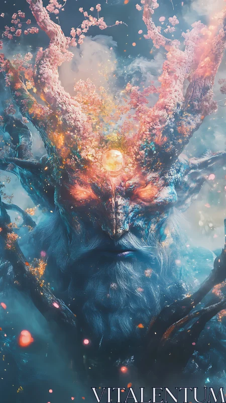 Celestial arboreal deity portrait with bioluminescent blossoms