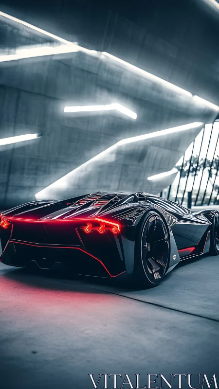 Futuristic low-profile sports car in illuminated tunnel.