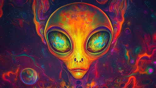 Cosmic alien gaze glows softly within swirling neon galaxies