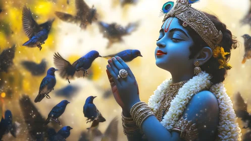 Blue-skinned deity figure with birds in soft golden light.