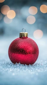 Sparkling red ornament resting softly in winter lights.