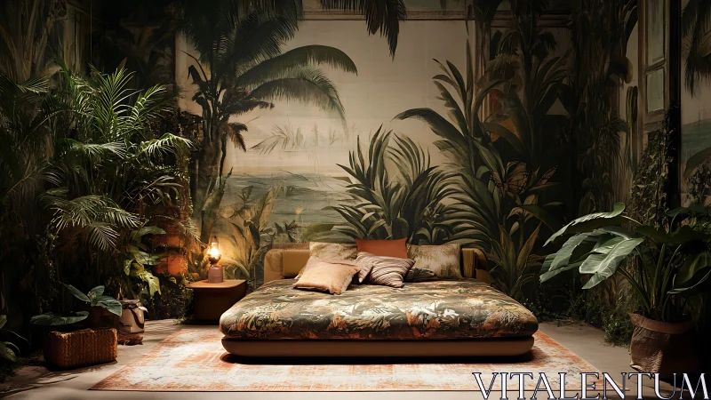 Tropical bedroom retreat with immersive botanical wall mural.