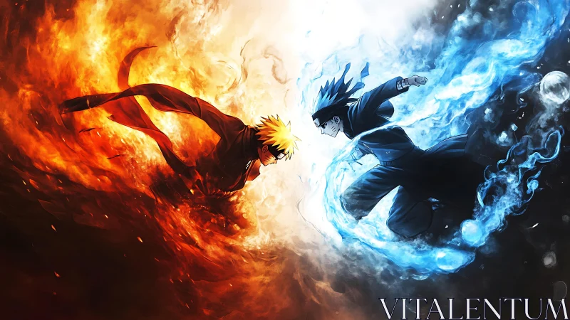 Opposing anime figures in red and blue elemental fields.