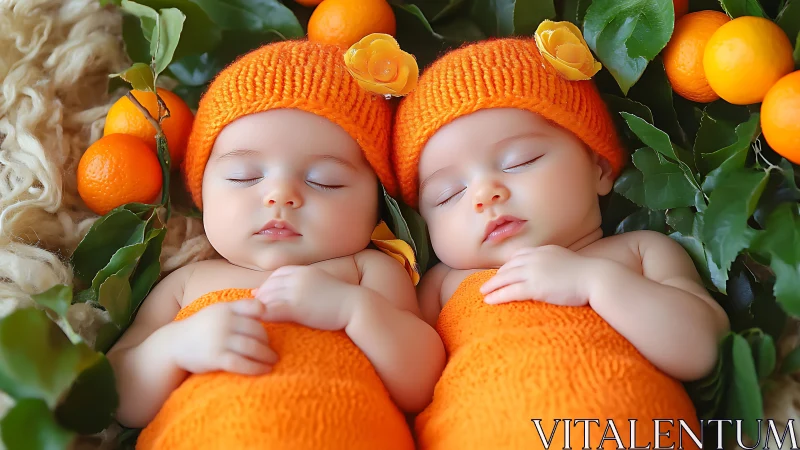 Dreaming Twin Citrus Cherubs Snooze Amid Orange Orchard