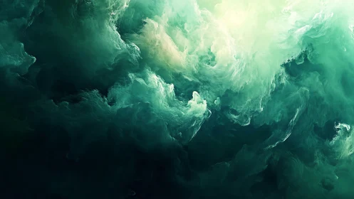 Green fractal cloud forms fill frame with soft light gradients