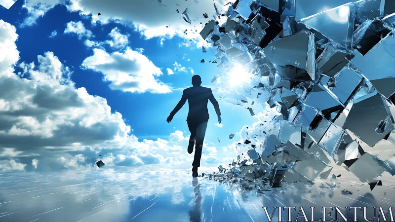 Silhouette runs through exploding glass wall into bright sky