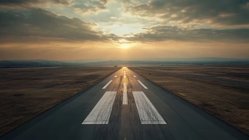 Sunlit airport runway stretching into distant horizon.