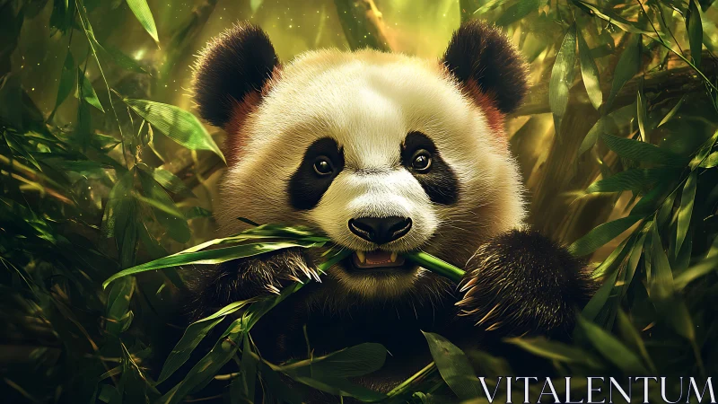 Photorealistic juvenile panda consuming bamboo foliage in jungle.
