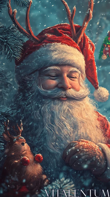 Santa Claus with reindeer antlers stands in falling snow