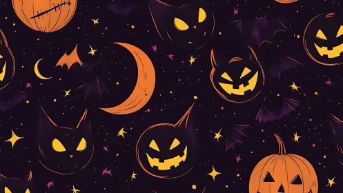 Playful Halloween night with glowing pumpkins and bats.