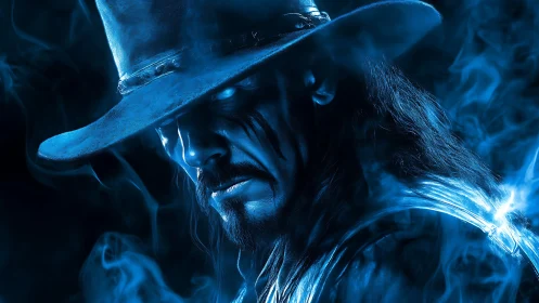 Mysterious blue cowboy emerging from swirling midnight smoke.