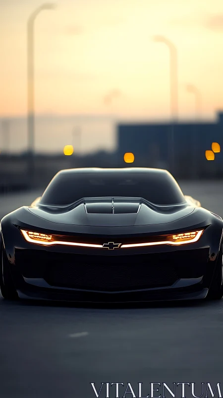 Sleek black sports car prowling under soft dusk bokeh glow.