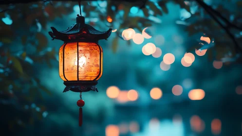 Lantern glow drifting softly through a dreamy twilight garden.