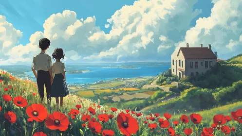 Children overlook coastal valley from sunlit poppy field.