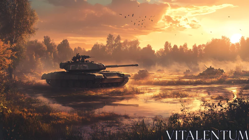 Sunlit tanks resting quietly beside a golden forest marsh.
