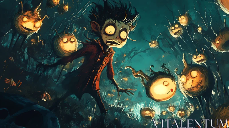 Cartoon figure in dark forest surrounded by glowing orbs.