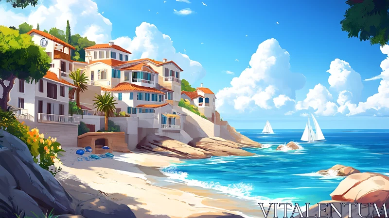 Sunlit seaside villas lean into waves and whisper of holidays