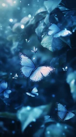 Luminous blue butterflies drifting through midnight forest.