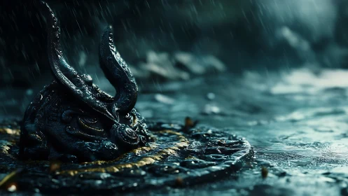 Weathered horned metal sculpture rests in shallow rainwater