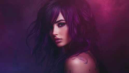 Violet haired portrait in neon magenta atmospheric lighting