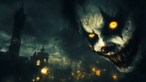 Glowing-eyed nightmare clown looming over rainy ghost town.
