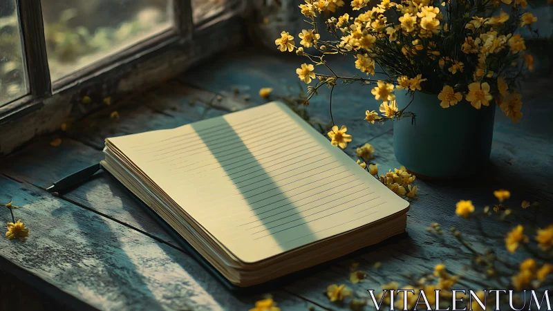 Sunlit notebook and yellow flowers on rustic windowsill.