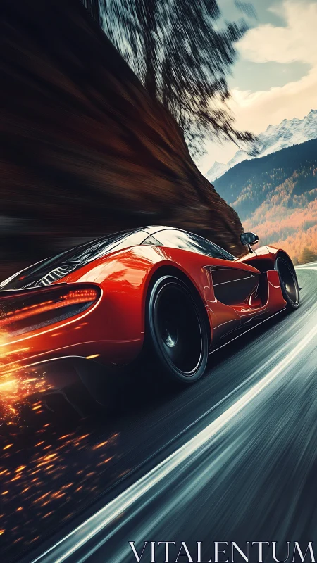Scarlet supercar slingshots through a glowing mountain pass